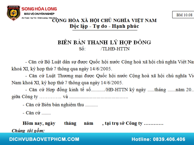 Biên bản thanh lý hợp đồng dịch vụ bảo vệ